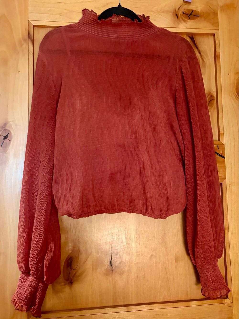 By Together Rust Red Ruffled Mock Neck Blouson Top